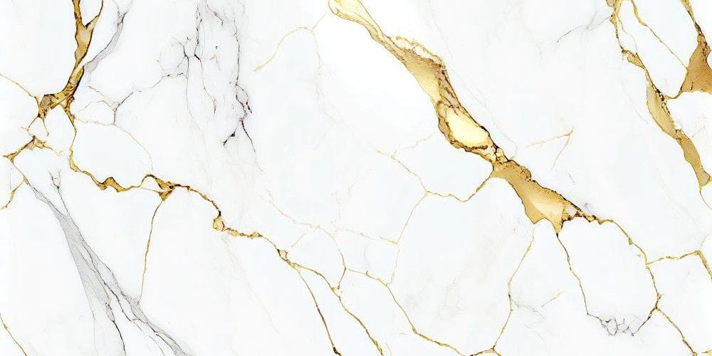 Close-up texture of polished white marble tile featuring elegant gold and grey veining.